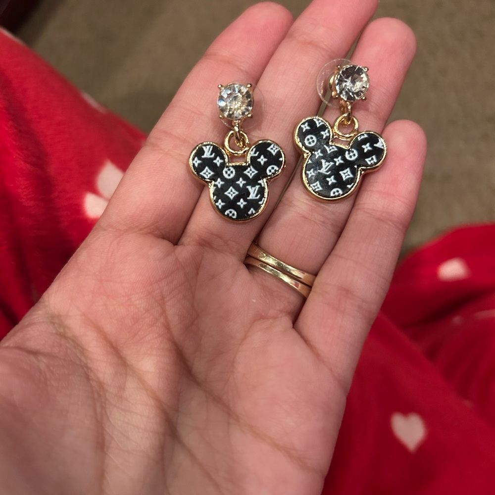 Gold-Tone Black Patterned Mickey Mouse LV  Drop Earrings-costume jewelry